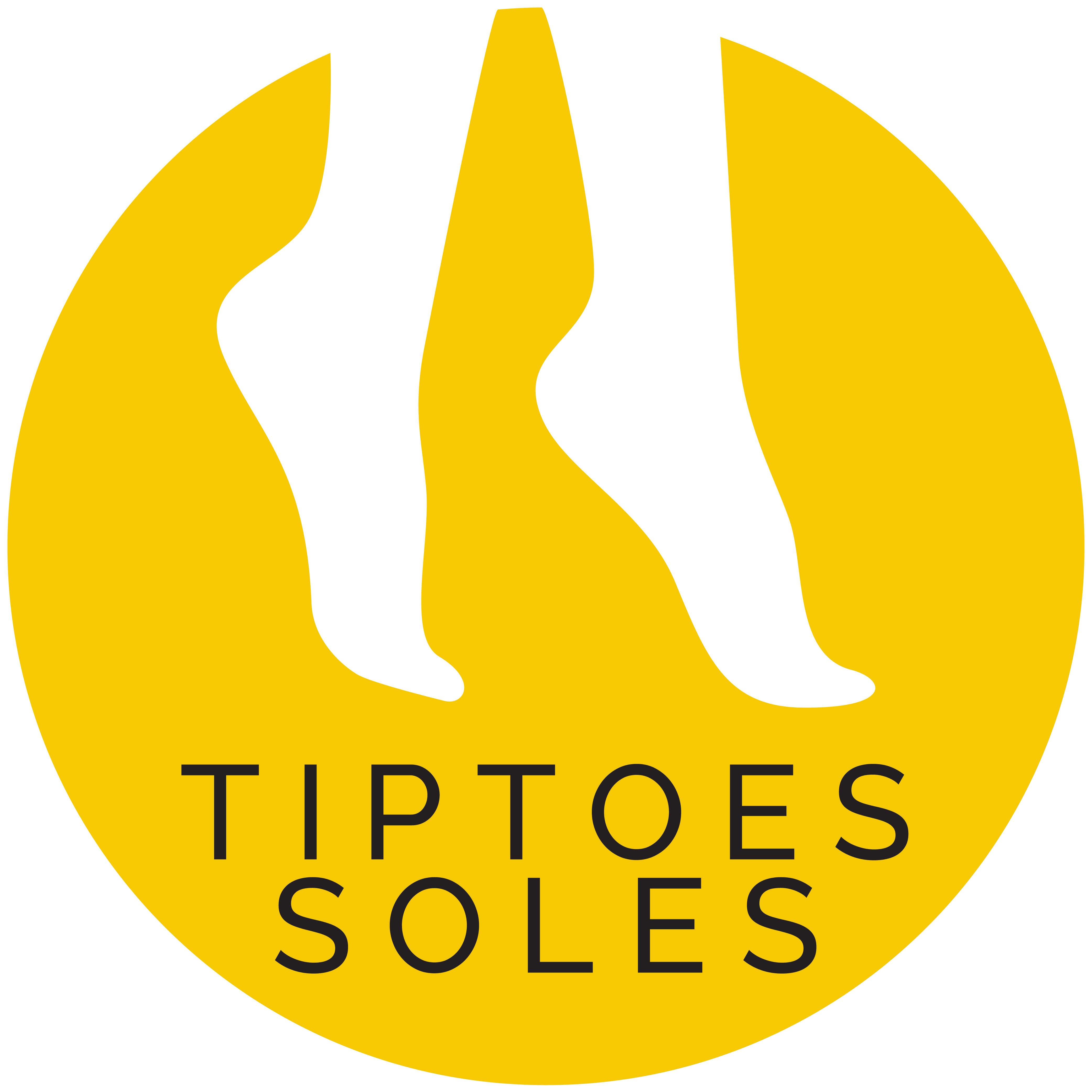 The TipToe Soles logo, a yellow circle with a black shadow of a foot in socks.